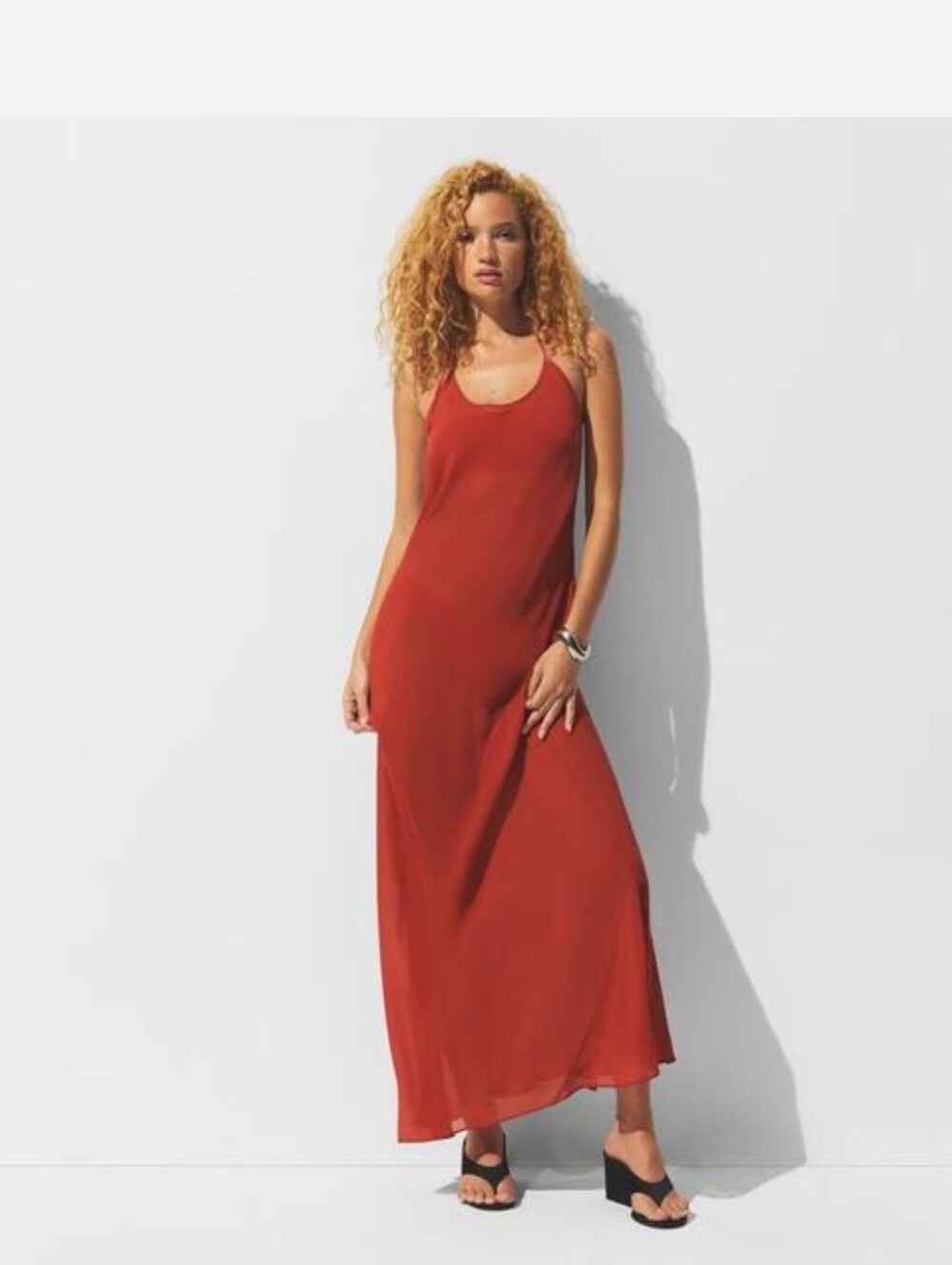 SKIMS SHEER COVER-UP LONG HALTER DRESS IN AUBURN
